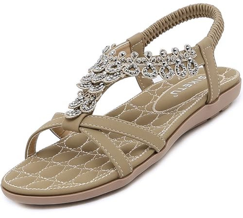 Acfoda Sandales Femme Été Confortable Mode Plates Bohême Tongs avec Strass Léger Chaussures Orthopédique Sandals Confort Sandalette et Mules Beige 38