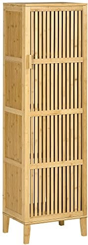 HOMCOM Meuble de Rangement en Bambou Armoire de Rangement avec 4 Niveaux et Porte Design à lamelles pour Salle de Bain Chambre Salon 40 x 30 x 140 cm