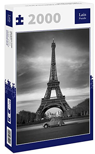 Lais Puzzle Roter Wagen vor Eiffelturm Paris in schwarz weiß 2000 Teile