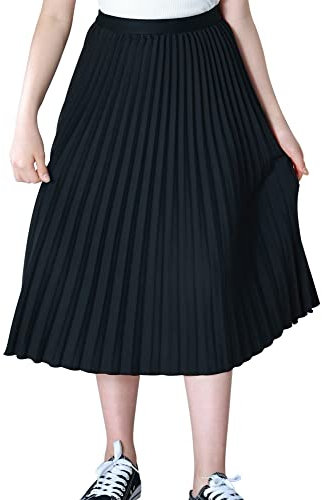 Maeau Faltenrock Lang für Mädchen Chiffon Plissee Rock Kinder Mädchen Mittellange Midi Faltenröcke 11 12 Jahre 150 Schwarz A Linien Röcke Elastische Hohe Taille Gefaltete Rock Sommer Schulmädchen