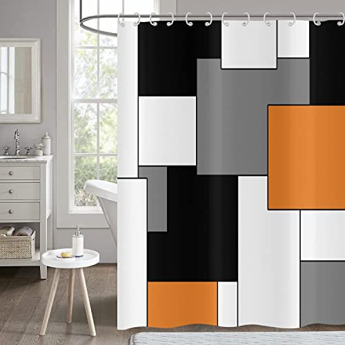 Hnmdmyi Rideau de Douche Orange 180x200, Gris Noir et Blanc Moderne Géométrique Décoratif, Baignoire Imperméable en Tissu Polyester Lavable avec Crochets