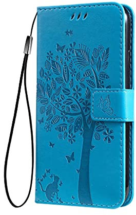 SEAHAI Case for OPPO A18 4G / OPPO A38 4G Wallet Case, Pretty Embossed Leaves and Cat Pattern Premium PU Leather Book Style Flip Cover Shockproof Case, Blue