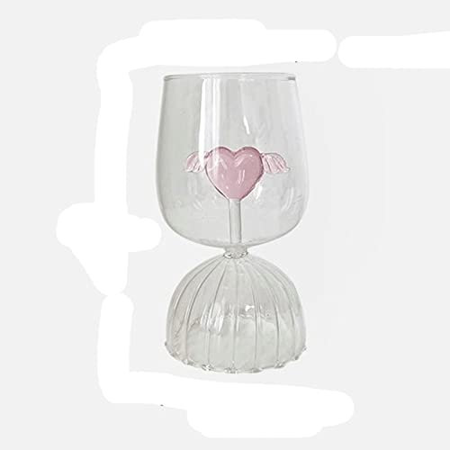 MOORSA Bicchieri vino rosso Calice a stelo corto in vetro con ali rosa a forma di cuore, bicchieri da vino per gli amanti, regalo di nozze adorabile