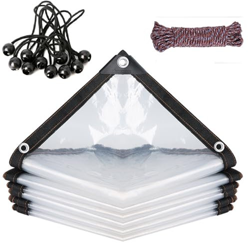 Telone impermeabile trasparente con occhielli, copertura antipioggia per mobili da giardino con corda e sfere elastiche, copertura isolante per piante, mobili da giardino (2 x 1 m)