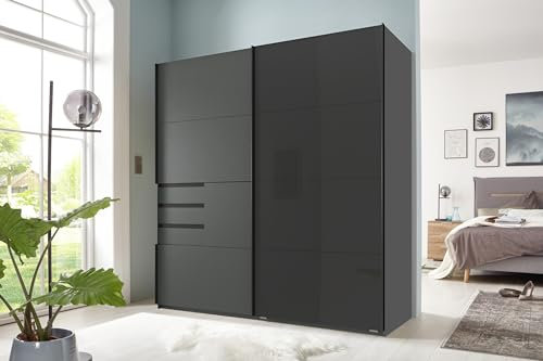 möbelando Schwebetürenschrank >Schwerin< in Graphit, Glas SCHWARZ - 180x198x65cm (BxHxT)