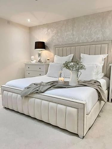 Bespoke Chesterfield Border Panel Bed Frame - UK made - Single/Double/King/Super King Size Plush Velvet Fabric Upholstered (White Plush, Super king 6ft)