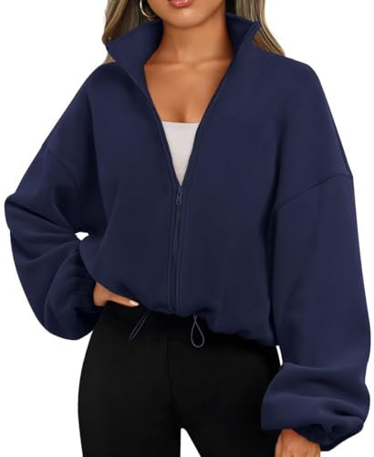 EUDOLAH Damen Reißverschluss Sweatshirt Langarm Fleece Schüttelvlies Pulli Outwear Jacken Herbst Winter Sweatjacke mit Kordelzug Navy L