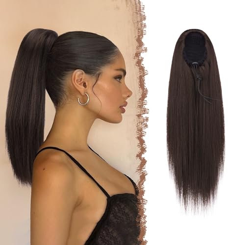 FESHFEN Pferdeschwanz Extensions mit Kordelzug Lang Gerade Zopf Pferdeschwanz Haarteil Glatt Haarverlängerungen Synthetik Drawstring Ponytail Extension für Damen 40 cm Braun