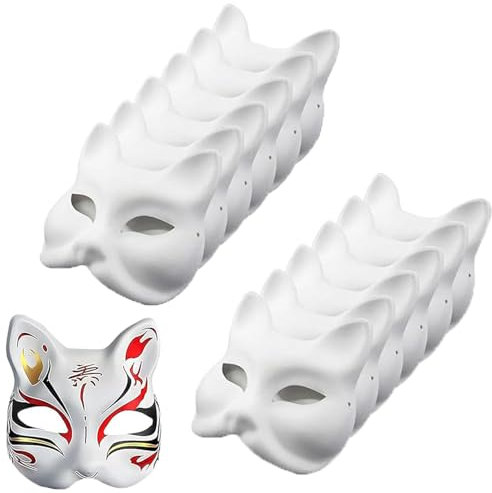 Emafymb 10 Stück Therian Mask Katzenmaske, Katzenmasken zum Bemalen, Tiermasken zum Selbermachen, Weiße Halbmasken, Fuchsmasken für Maskerade, Halloween, Kinder, Cosplay (A)
