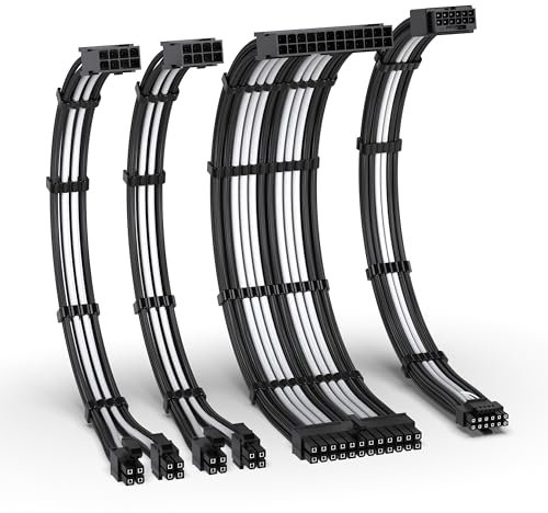 EZDIY-FAB 12VHPWR PSU Cable Extension Kit,16AWG PCIE 5.0 Power Supply Cable Extension- 1x 24 Pin ATX /2X 8Pin (4+4) EPS / 1x12+4 Pin GPU,Sleeve Cable 300MM with Combs-Black White