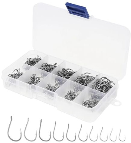 200 Stück Angelhaken, Kohlenstoffstahl Angelhaken Set in 10 Größen, Angelhaken mit Widerhaken,Angelhaken Kohlenstoffstahl,Angelhaken mit Öse, Angelzubehör mit Kunststoff Organizer Box (3# - 12#)