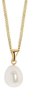 MIORE Schmuck, Perlenkette Damen mit Kettenanhänger Gold 14K 585, Weiße Süßwasserperle, Halskette Damen, Panzerkette, Goldkette 585 Echtgold, 45 cm lang, Kette Gold