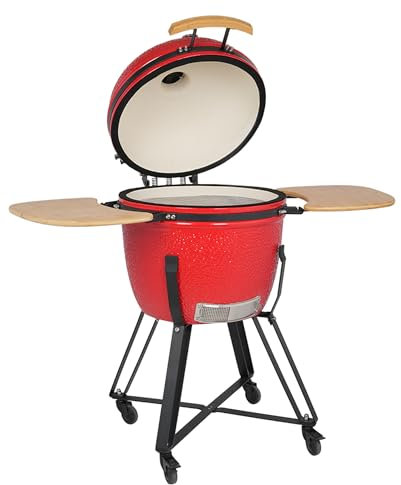 COOKFIRE – Barbacoa carbon Kamado Ø 60 cm – BBQ Grill Japonesa – Barbacoa con Termómetro y Asas de Bamboo - Barbacoa carbon portátil – Barbacoa cerámica Kamado – Mini Parrilla de Carbón (Rojo)
