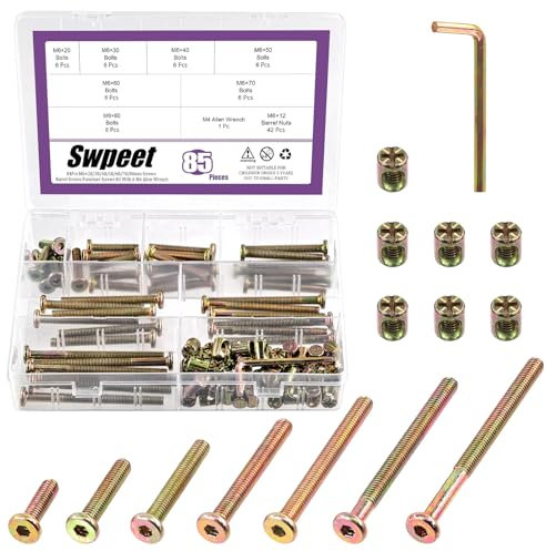 Swpeet Juego de 85 tornillos de zinc de colores M6 de 20/30/40/50/60/70/80 mm, cabeza hexagonal para cuna de bebé y tuercas de barril con 1 llave Allen, perfecto para muebles, cunas, tornillos de cuna