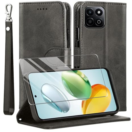 MQERYBV Coque pour Honor 200 Smart 5G,avec Verre trempé Protection écran,Antichoc TPU Housse en Cuir PU Portefeuille Etui [Béquille] [Fentes pour Cartes],Flip Case pour Honor 200 Smart 5G- Noir