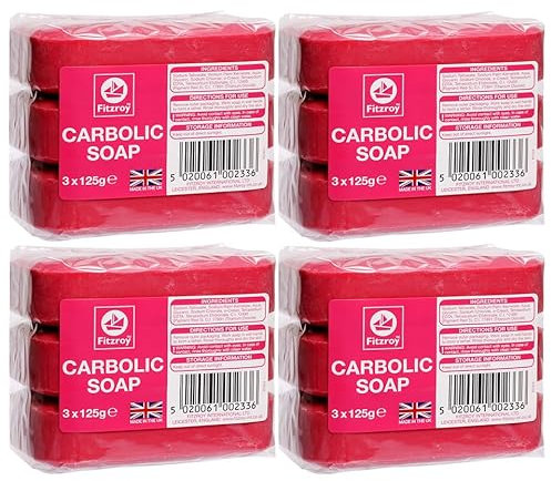 Fitzroy Carbolic Soap Original 12 Bars (4 Packs of 3x125g soaps) | Antibacterial Soap | Antifungal Soap | Laundry Soap Bar | Traditional Antiseptic Soap | Bars of Soap for Household & Industrial Use