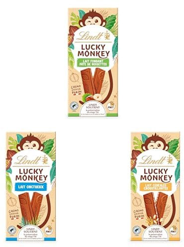 Lot de 3 tablettes Lindt - LUCKY MONKEY Chocolat au Lait Fondant Pâte de Noisettes, Chocolat au Lait Onctueux et Chocolat au Lait Céréales Croustillantes, 3x100g