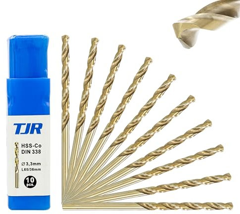 TJR® HSS-E M35 Ø 3,3mm Kobalt Spiralbohrer Set 10 Stück, Selbstzentrierend, Schnellarbeitsstahl, DIN 338 Typ N, 135° Splitterschneide, Metallbohren für Stahl, Edelstahl und Gusseisen
