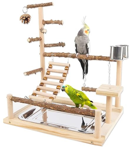Honicemar Vogel Spielständer – Holz Papageienständer, Vogel Spielplatz mit Leiter, Schaukel, Feeder-Cup, Tablett und Kauspielzeug Haustier Übungsspiel Gym Ständer für Kleine bis Mittelgroße Vögel