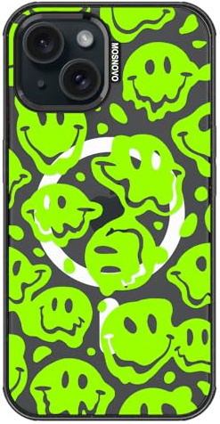 MOSNOVO for iPhone 15 Case, Fit for MagSafe, Military-Grade Drop Protection, Shockproof Bumper, Aesthetic Magnetic Phone Case for iPhone 15, Distorted Green Smiles Face/Black