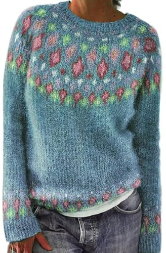 Isländischer Fair-Isle-Pullover für Damen, Vintage-Stil, Fairisle, nordischer Damen-Pullover, lässig, locker, langärmelig, Rundhalsausschnitt, Strick, Jacquard, stilvoll, Retro-Muster, Wollstrickwaren