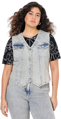 Ulla Popken Damen große Größen Übergrößen Plus Size Jeansweste, spitzer Saum, Stretchdenim, V-Ausschnitt mattes jeansblau 50+ 835195190-50+