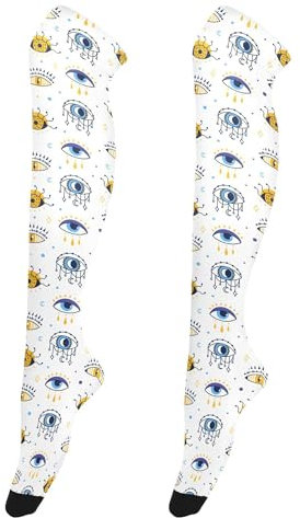 MGDDB Goldene Evil Eyes schwarze Damensocken, lang, Oberschenkelhohe Socken, lässig, modisch, extra lang, eng hoch, Mystic Boho Evil Eyes Dots, Einheitsgröße