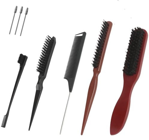 Packung mit 8 Sleek Bun Brush Boar Bristle Edges Brush, Haarbürste, Boar Bristle Pinsel, neckische Haarbürste, Toupee Pinsel, 3x Eyelash Brushes, Glatte Frisuren Zöpfe Barthaare (One Size, stück, 8)