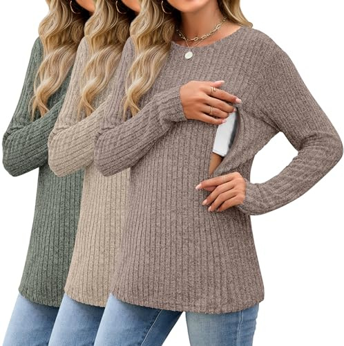 Sweetyweee 3 Pack Maternity Nursing Ribbed Long Sleeve Tops L 3Color