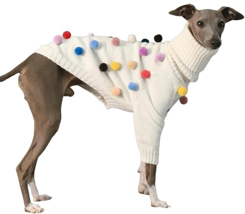 Weißer Rollkragenpullover Für Hunde, Kleidung Für Italienische Windspiele, Dehnbarer Winterpullover Für Whippets Mit Bunten Bommeln, Gestrickte Warme Hundekleidung Für Mittelgroße Hunde(XL)
