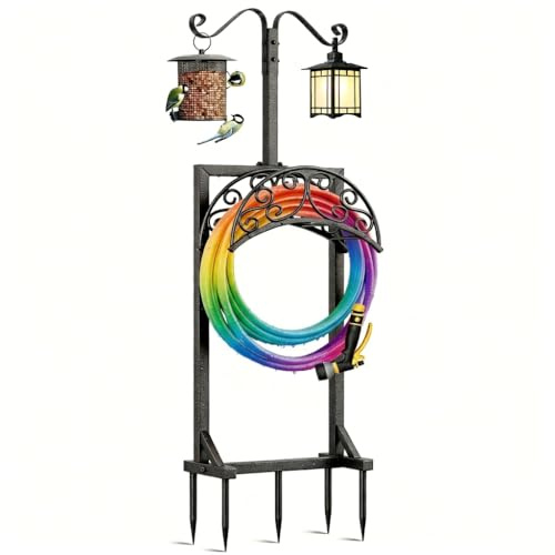 CJGrowMore 3-in-1 Garden Hose Holder with Bird Feeder & Lantern Hook, Heavy Duty Metal Freestanding Hosepipe Stand, Decorative Water Pipe Organiser with 3-Prong Anchor for Outside Yard Lawn