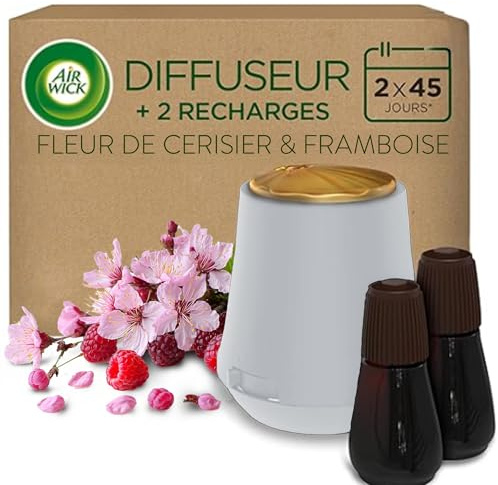 Air Wick Diffuseur d’huiles Essentielles Brume Parfumée + 2 Recharges 20ml Parfum Fleur de Cerisier et Framboise