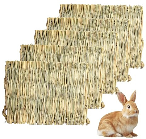 QKNOSM Lot de 5 tapis d'herbe tissé à la main pour lapins - Tapis d'herbe tissé à la main - Jouet à mâcher pour hamsters, cochons d'Inde, perroquets, furets