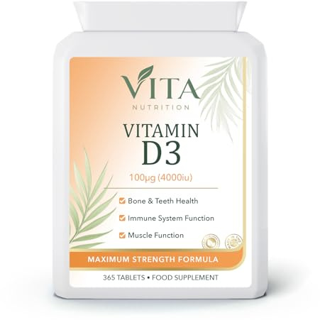 Vita Nutrition Vitamin D3 4000iu High Strength 365 Tablets 1 Year Supply for Immune Support, Bones, Teeth and Muscles