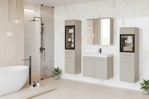 MINIO go for it - Badmöbel 4-Teilig Set Marit 2 Wandspiegelschrank ohne LED | Laminierte Spannplatte, Farbe: Cashmire Beige