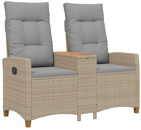 vidaXL Liegebank mit Tisch, beige und hellgrau, 126 x 65 x 112 cm, verstellbarer Rattansessel, modern für den Außenbereich, bequem und mit wetterfestem Kissen