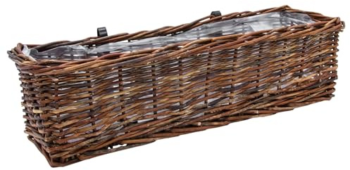 Spetebo Rattan Balkonkasten eckig mit Folie Natur dunkel - 60 x 19 cm - Rattan Blumenkasten mit Aufhängung für Balkon Geländer bis 3,5 cm - Pflanzkasten Blumenkorb Blumentopf Weidekorb geflochten