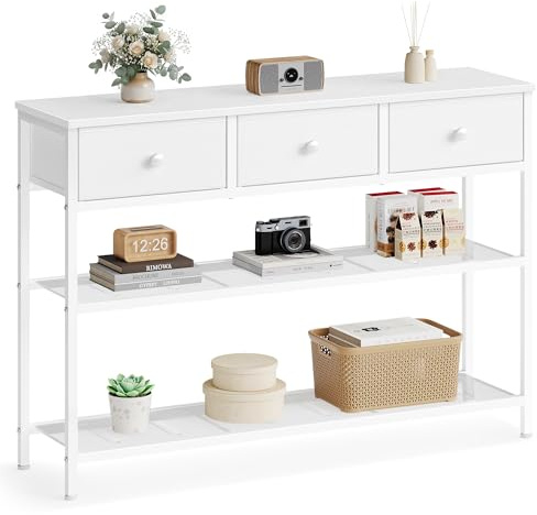 SONGMICS Konsolentisch, Flurtisch mit 3 Stoffschubladen und 2 Gitterablagen, Beistelltisch für Wohnzimmer und Eingangsbereich, 98,8 x 30 x 78,7 cm, Wolkenweiß, Bellah Kollektion LGS098W101