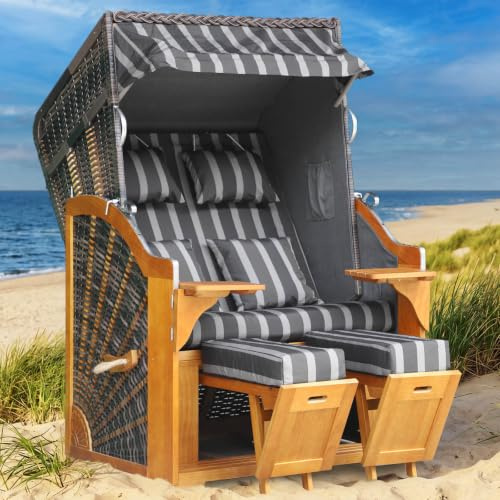 BRAST Strandkorb Bornholm Premium | 123cm Breite | 3 Designs | inkl. Premium-Schutzhaube, Pinien Vollholz, UV-beständig, verstellbare Rückenlehne, ausziehbare Fußbänke | Grau Anthrazit