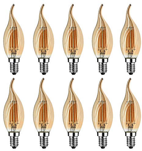 10 Stück C35 4W Retro Non Dimmbar Glühfaden LED Kerze Lampe, 2700K Warmweiß 400 Lumen, Ersatz für 40W Glühlampen, E14 Fassung, Flamme Form, Vergoldet Glas, 360° Abstrahlwinkel