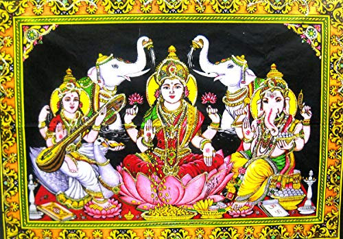 Crafts of India Wandteppich Lakshmi Ganesha Saraswati Batik Baumwolle Pailletten Wandbehang Größe: 109,2 x 76,2 cm