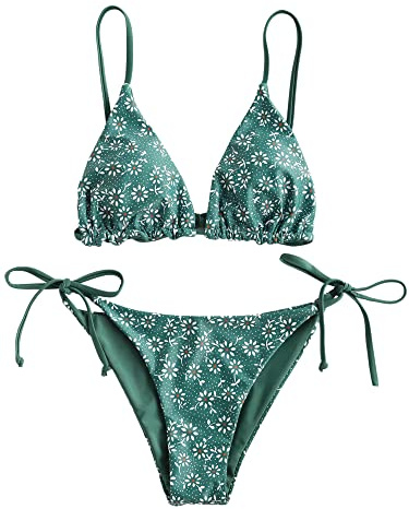 ZAFUL Women's Triangle Bikini Floral String Bikini Set Two Piece Swimsuit Bathing Suits (2-Greenish Blue, M)
