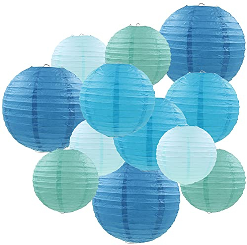 Famolay Blue Paper Lanterns 12 Pcs Assorted size of 6 8 10 12 Chinese Round Paper Hanging Decorations Lanterns Lamps for Home Decorations, Parties, and Weddings
