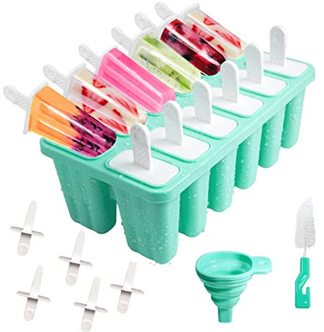 Moules à glace, 12 Cavités Moules pour Glaces, Popsicle Moules Réutilisable pour la Préparation de Popsicles Crèmes Glacées Sorbets (Vert)