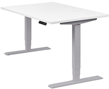 boho office® höhenverstellbarer Schreibtisch 120 x 80 cm - Elektrisch stufenlos, 2 Motoren, 3-Fach Teleskop, Memoryfunktion, inkl. Wireless Charger - Homedesk Silber inkl. Tischplatte in Weiß