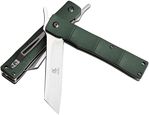 KATSU Couteau Pliant de Poche en Acier D2, Couteau de Poche avec Manche en G10 Style Bambou, Japanese Couteau Multifonction avec Clip de Poche pour Utilisation Quotidienne - Vert
