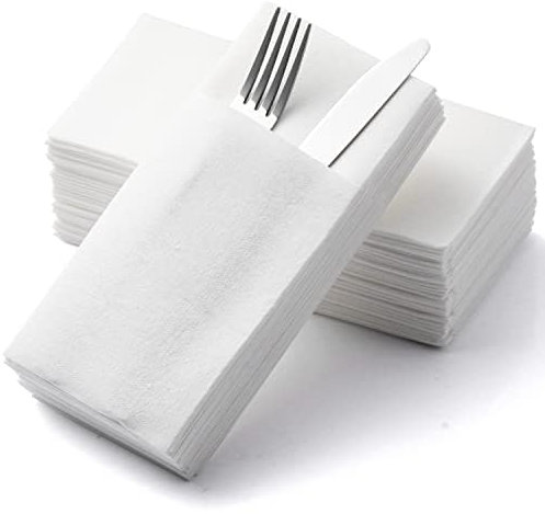 MORGIANA 50 PCS Pocket Napkins, Linen Feel White Napkins with Buit-in Flatware Pocket, 1/6 Folded, Disposable Guest Towels Serviettes for Chirstmas, Wedding, Party