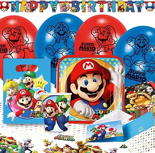 Uni que Kit Anniversaire XXL Super Mario 60 Pièces 8 Enfants Complet ( 8 Assiettes, 8 gobelets, 20 Serviettes, 8 sachets, 6 Ballons, 8 Invitations, 1 guirlande, 1 nappe)