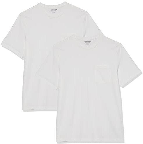 Amazon Essentials Men's T-Shirt Regular-Fit Short-Sleeve Crewneck Pocket, Pack of 2, White, L