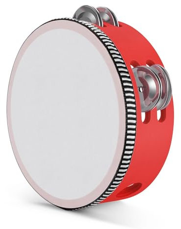 Flexzion Handheld Tamburin Holz 15,2 cm zweireihig 8 Paar Jingles (rot) - Handheld Percussion Drum Moon Musikinstrument mit Metallglocke